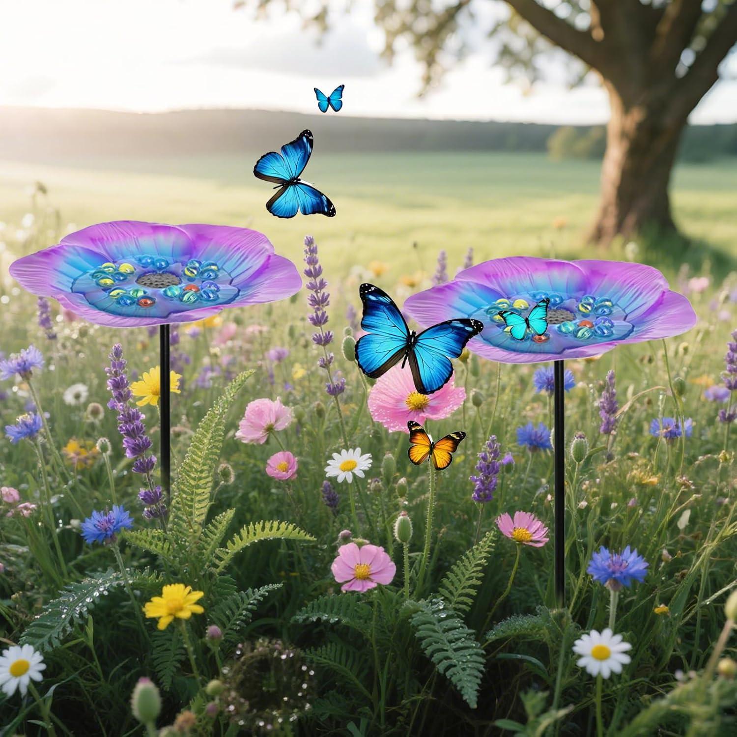 image4 Pcs Bee Watering Station with 80 Colorful Glass Marble Vivid Flower Butterfly Water Feeder Cup Bee Bird Bath Cups for Garden Yard Outdoor Decor