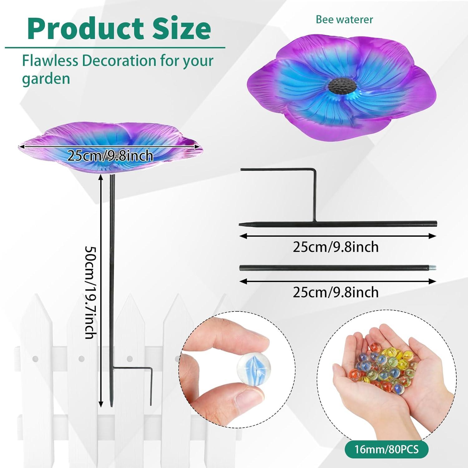 image4 Pcs Bee Watering Station with 80 Colorful Glass Marble Vivid Flower Butterfly Water Feeder Cup Bee Bird Bath Cups for Garden Yard Outdoor Decor