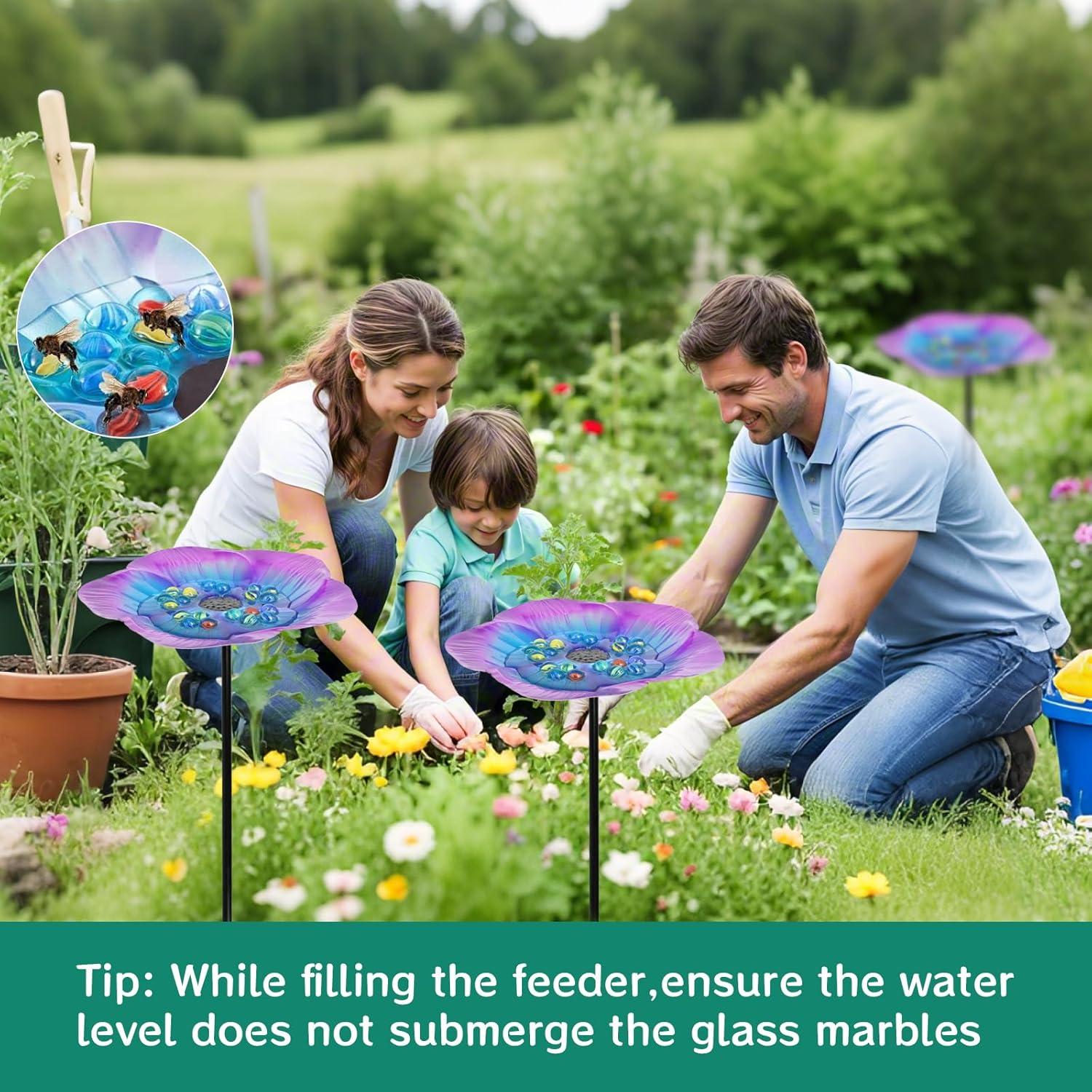 image4 Pcs Bee Watering Station with 80 Colorful Glass Marble Vivid Flower Butterfly Water Feeder Cup Bee Bird Bath Cups for Garden Yard Outdoor Decor