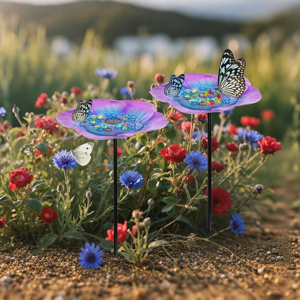 image4 Pcs Bee Watering Station with 80 Colorful Glass Marble Vivid Flower Butterfly Water Feeder Cup Bee Bird Bath Cups for Garden Yard Outdoor Decor