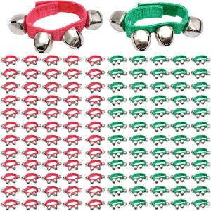 image100 Pcs Christmas Wrist Band Jingle Bells Percussion Wrist Shaking Bells Musical Rhythm Instrument Ankle Bells for Christmas Party Decoration Favors Red GreenModern
