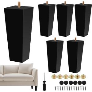 image12 Set Furniture Legs with Installation Hardware 6 Inch Black Square Replacement Couch Legs Solid Wood Sofa Furniture Feet for Mid Century Armchair Bed Dresser Cabinet