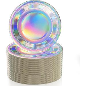 image120 Pcs Iridescent Paper Plates 7 Inch Round Disposable Party Plates Holographic Iridescent Dessert Dinner Plates for Birthday Baby Shower Wedding Dinner Picnic Supplies