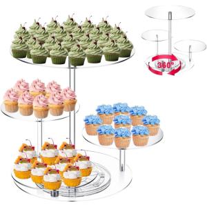 image2 Pcs Tiered Cupcake Display Stand with Tiered Tray 4 Tier Round Clear Cake Cupcake Tower Stand Combo Rotatable Acrylic Cake Holder for Birthday Party Wedding Dessert Pastry Table