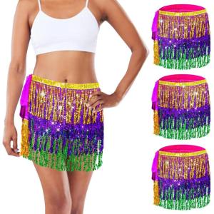 image3 Pcs Womens Sequin Tassel Skirt Belly Dance Sequins Skirt Carnival Costume Sparkly Fringe Wrap Skirt for Women Multicolor