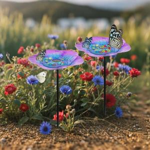 image4 Pcs Bee Watering Station with 80 Colorful Glass Marble Vivid Flower Butterfly Water Feeder Cup Bee Bird Bath Cups for Garden Yard Outdoor Decor