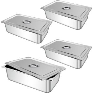 image4 Pcs Stainless Steam with Lid 11 Size x 6 Inch Deep Reusable Hotel Pan Rust Proof Steel Table Pan for Home Kitchen Restaurant Party Buffet Supplies