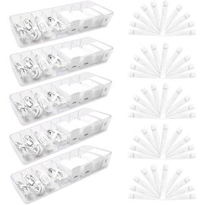 image5 Pcs Clear Plastic Charger Cord Organizer Box Electronics Charger Cable Storage Boxes with 50 Wire Ties Power Cord Organizer for Home Drawer Office Desk Organizers and Accessories