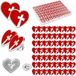 image60 Pcs Religious Sacred Heart of Jesus Pins Bulk Enamel Lapel Pins Christian Cross Red Heart Brooch for School Sunday Church Funeral Clergy Appreciation Gift