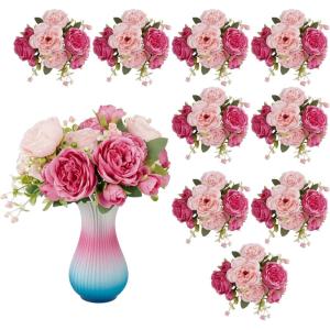 image10 Bundles Artificial Peonies Flowers Boho Spring Bouquet Decoration Faux Flowers Artificial Centerpiece for Wedding Floral Arrangements Vase Pink Dark Pink