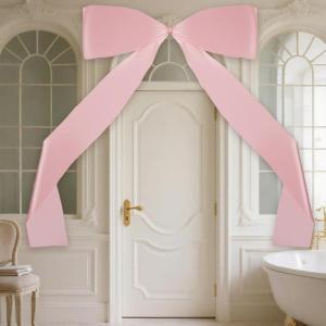 image2 Pcs 74 x 45 Inches Giant Bow Decoration with Long Streamers Pink Extra Large Satin Bow for Wedding Coquette Birthday Party Decorations Tree Arch Fireplace Mirror Wall