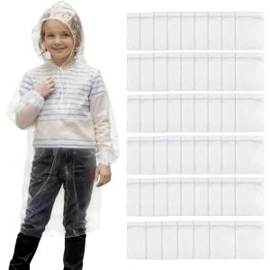 image52 Pcs Kid Ponchos Bulk Disposable Emergency Raincoat with Drawstring Hood and Elastic Sleeves Rain Ponchos for Kids