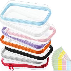 image8 Pcs Hard Clear Zipper Case with Stickers 75 x 39 x 2 in Transparent Plastic Cases Snacks Storage Box Makeup Bag Containers for Building Blocks Puzzles Cosmetics Multicolor