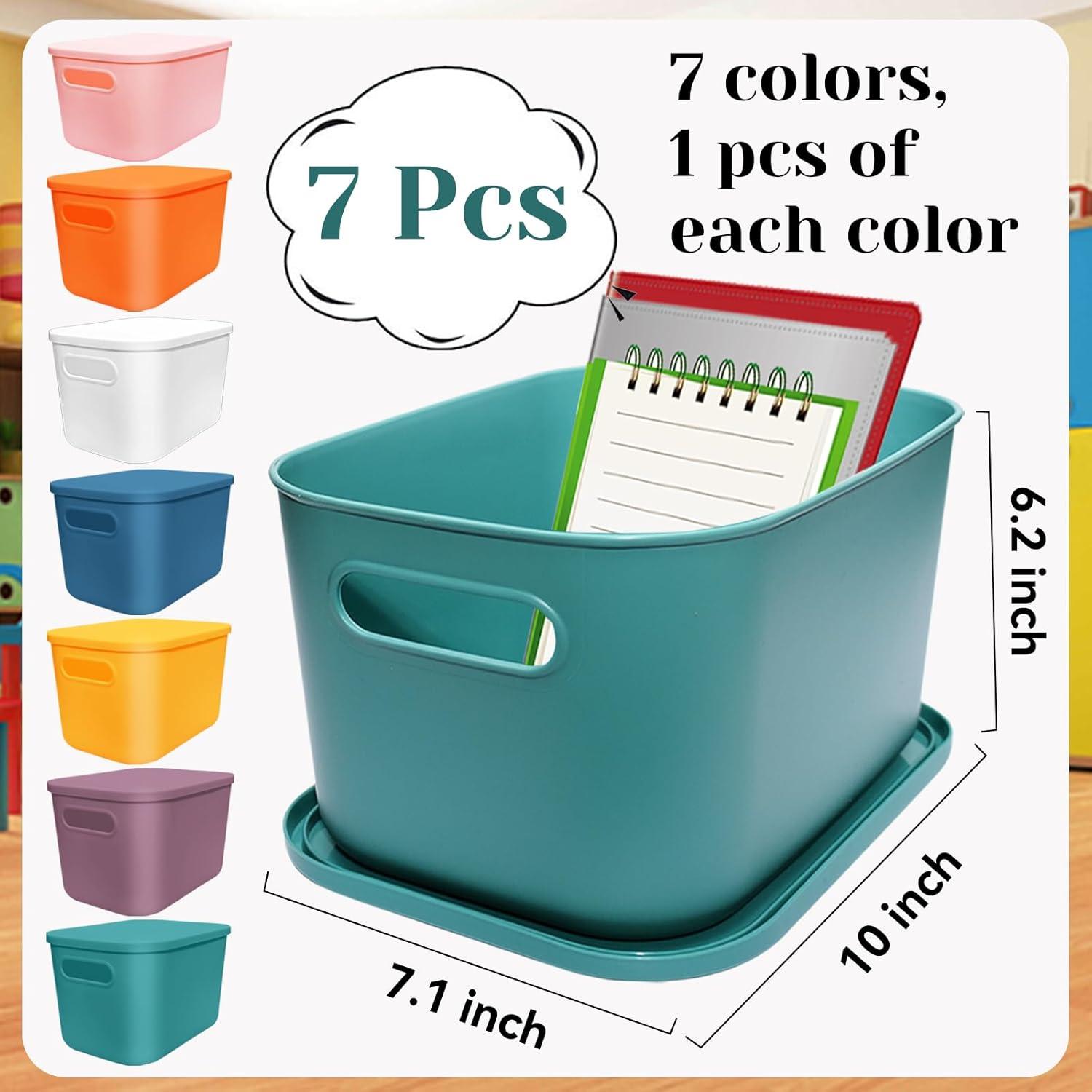 image7 Pcs Plastic Storage Bins with Lid Colorful Storage Bins Small Desktop Storage Box Cubby Bins Stackable Storage Baskets for Office Classroom Kitchen Cabinet Shelf 107162inch