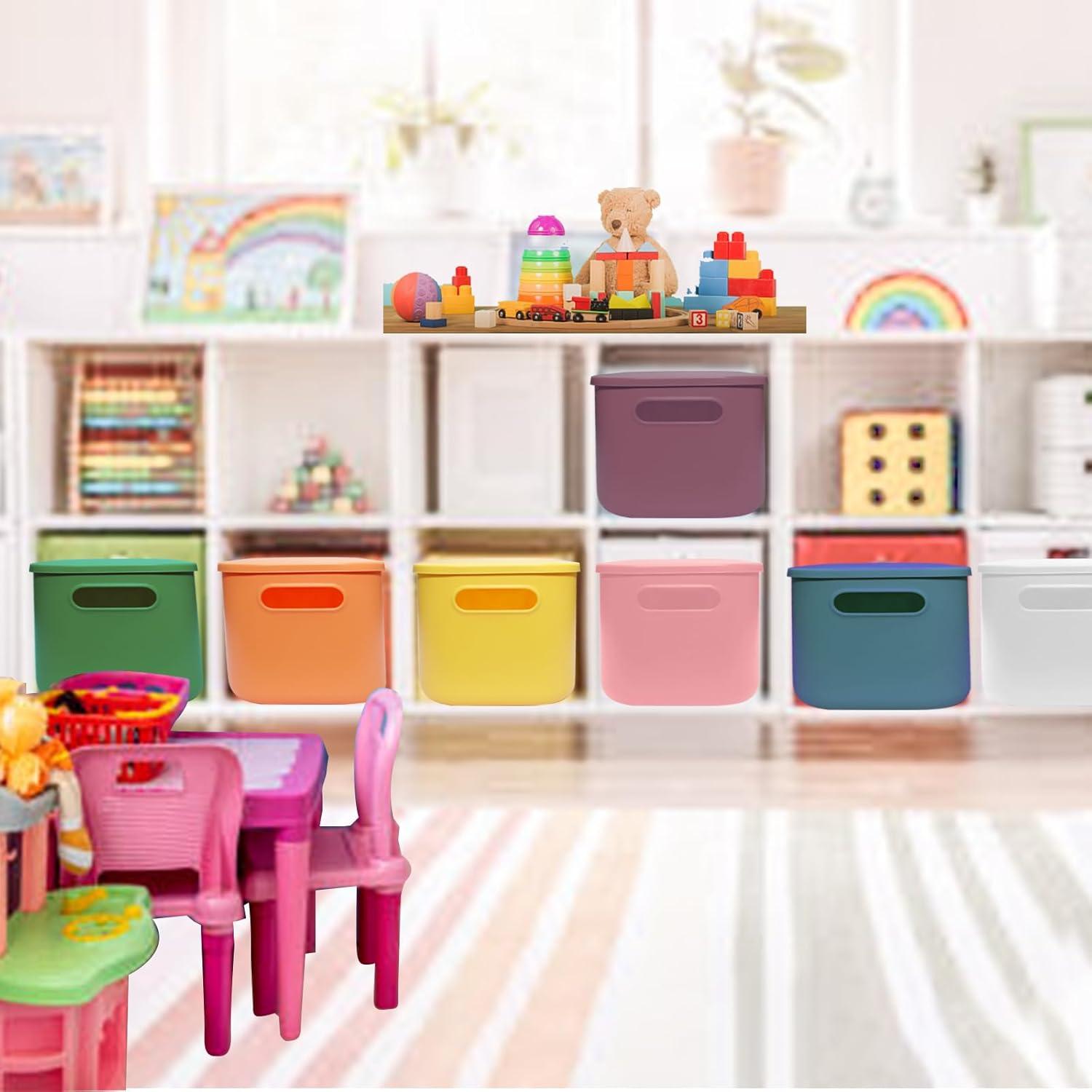 image7 Pcs Plastic Storage Bins with Lid Colorful Storage Bins Small Desktop Storage Box Cubby Bins Stackable Storage Baskets for Office Classroom Kitchen Cabinet Shelf 107162inch