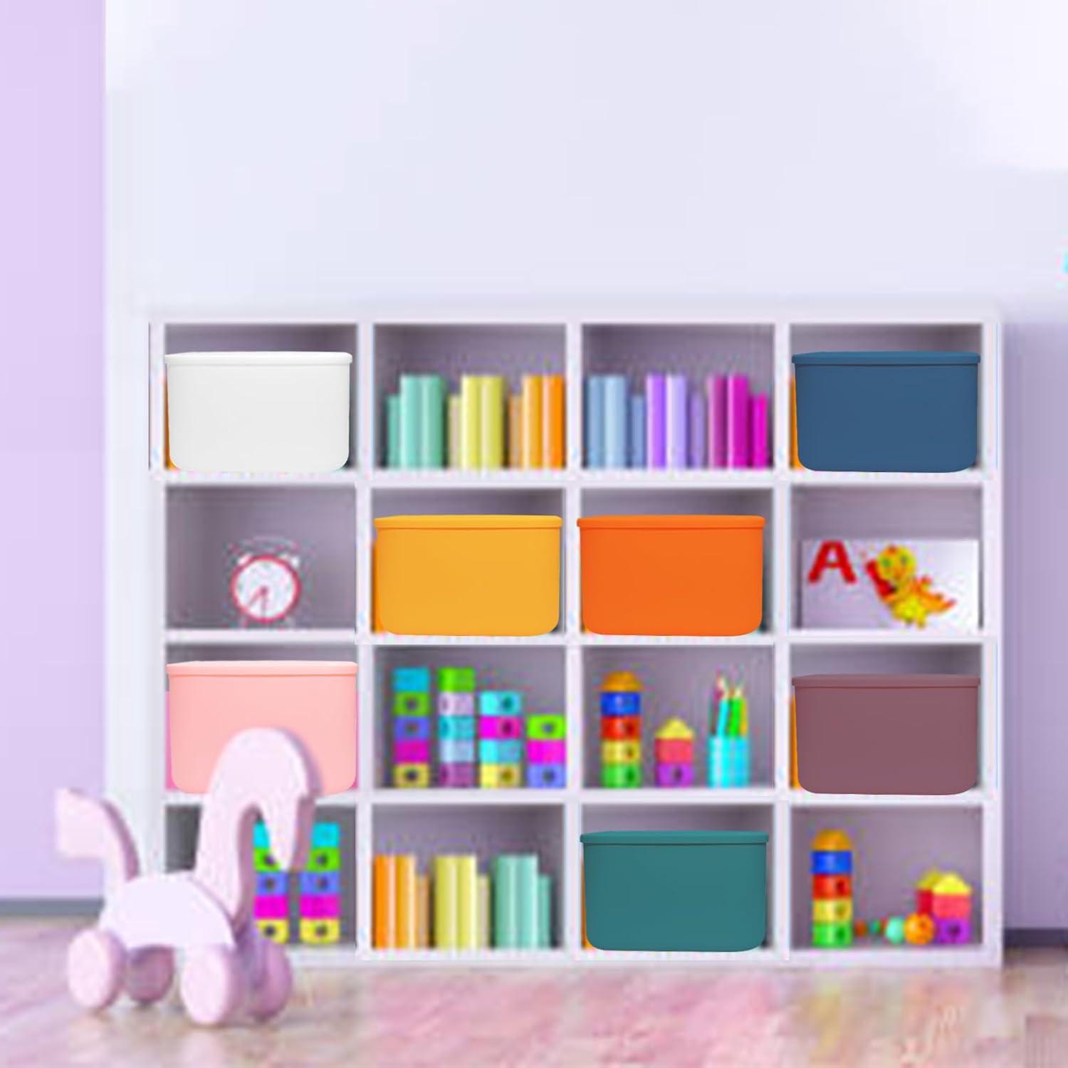 image7 Pcs Plastic Storage Bins with Lid Colorful Storage Bins Small Desktop Storage Box Cubby Bins Stackable Storage Baskets for Office Classroom Kitchen Cabinet Shelf 107162inch