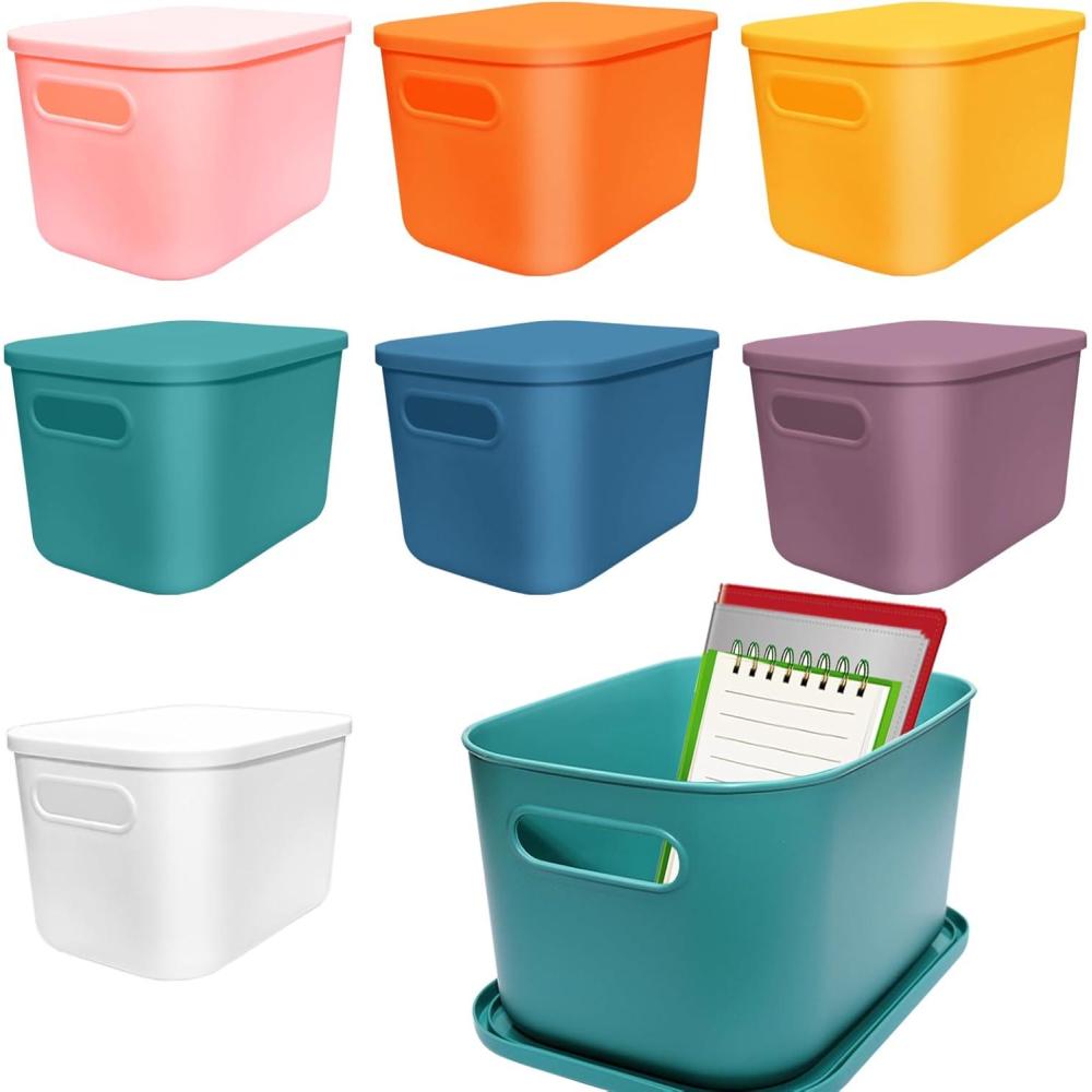 image7 Pcs Plastic Storage Bins with Lid Colorful Storage Bins Small Desktop Storage Box Cubby Bins Stackable Storage Baskets for Office Classroom Kitchen Cabinet Shelf 107162inch