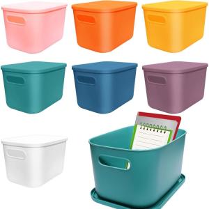 image7 Pcs Plastic Storage Bins with Lid Colorful Storage Bins Small Desktop Storage Box Cubby Bins Stackable Storage Baskets for Office Classroom Kitchen Cabinet Shelf 107162inch