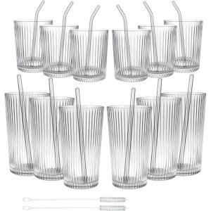 image12 Pcs Ribbed Drinking Glasses Set 9 oz 12 oz Clear Ice Coffee Highball Ripple Drinkware Vintage Glassware Ribbed Cocktail Cup for Beverages Bar Home