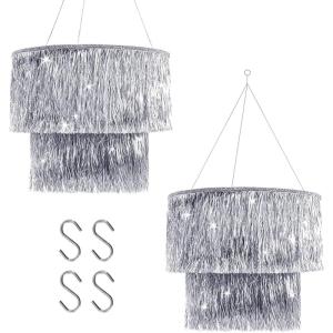 image2 Pcs 2 Tier Fringe Tinsel Chandelier with Hooks Metallic Foil Shimmering Bachelorette Party Decor Photo Booth Supplies Iridescent Foil Party Disco Ball Decor Chandelier DecorationSilver