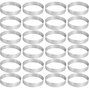 image24 Pcs Perforated Tart Rings Nonstick Metal Round Home Food Making Tool Round Stainless Steel Tart Rings for Baking Food Crisp Pastry French Dessert Mousse4 Inch