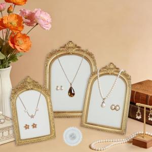 image3 Pcs Gold Jewelry Display Stands with Velvet Earring Tray Frame Vintage Jewelry Holder Resin Photography Props Baroque Necklace Organizer for Women Weddings Valentines Day Backing Gifts