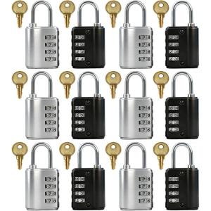 image12 Pcs Combination Padlock with Keys Locker Resetable Outdoor Waterproof Gate Lock 4 Digit Combination Lock for Sports Gym School Locker Employee Fence Case Silver and Black