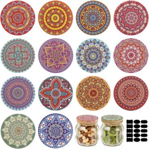 image14 Pcs Yogurt Jar Lids with Silicone Sealing Rings and 14 Bottle Label 264 Inches Reusable Bamboo Wooden Mandala Pattern Lids for Coffee Bean Spice Cookie Jars