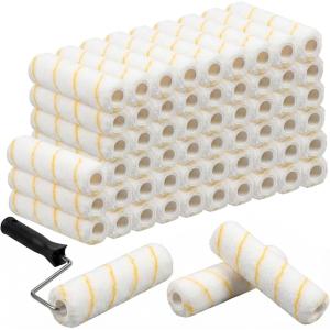 image60 Pcs 9 x 12 Paint Roller Covers with 1 Matching Handle Yellow Stripe High Nap Capacity Microfiber Roller Covers for All Surfaces Home Repair Tools and Brush Frame House Painting Supplies