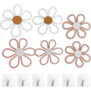 imageCONEHOY 6 Pcs Boho Nursery Decor Daisy with Hooks 3 Size Daisy Flower Wall Decor Bohemian Nursery Decorations Flower Woven Macrame Wall Hanging for Dorm Home ArtPink Brown White