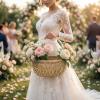 image2 Pcs Rattan Flower Girl Basket Light Brown Small Half Moon Wicker Basket with Pearl Handle and Ribbon for Flower Girl Wedding Garden Picnic Home Decor and Storage