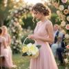 image2 Pcs Rattan Flower Girl Basket Light Brown Small Half Moon Wicker Basket with Pearl Handle and Ribbon for Flower Girl Wedding Garden Picnic Home Decor and Storage
