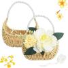 image2 Pcs Rattan Flower Girl Basket Light Brown Small Half Moon Wicker Basket with Pearl Handle and Ribbon for Flower Girl Wedding Garden Picnic Home Decor and Storage