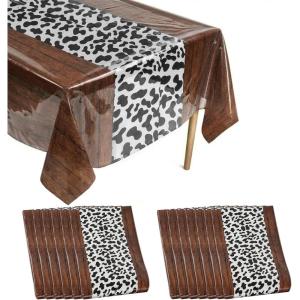 image14 Pcs 54 x 108 Inch Cow Print Table Cloth Highland Rustic Plastic Tablecloth My First Rodeo Decor Western Table Cloth for Cowboy Cowgirl Animal Party Christmas FarmDark Khaki Pattern