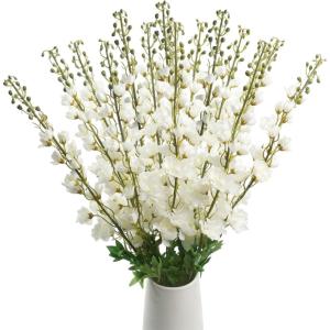 image14 Pcs Delphinium Artificial Flowers 335 Long Stem Fake Look Real Bouquet Lifelike Faux Silk Flower for Tall Vase DIY Home Kitchen Wedding Party Arrangement Decor White