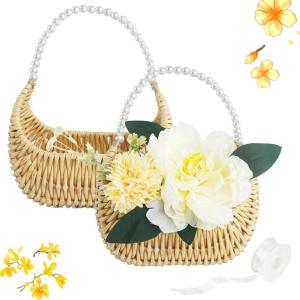 image2 Pcs Rattan Flower Girl Basket Light Brown Small Half Moon Wicker Basket with Pearl Handle and Ribbon for Flower Girl Wedding Garden Picnic Home Decor and Storage