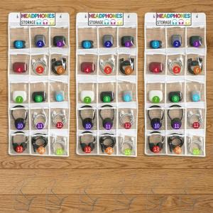 image3 Pcs Over The Door Hanging Classroom Headphone Storage Organizer with Digital Stickers and 3 Pcs Headphone Storage Cards 45 PVC Clear Organizer Holder Pockets for Library Door Hanger