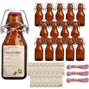 image14 Pcs 4 oz Amber Swing Top Brown Square Glass Bottles with Caps Sticker and Cotton Twines Flip Top Glass Bottle for Home Tea Vanilla Extract Beer Brew Oil Supply